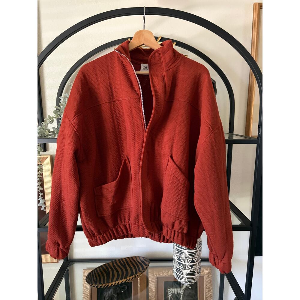 Zara Textured Bomber Jacket Womens M Rust Red Oversized Zip Front Pockets